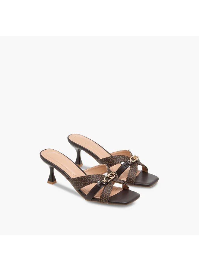 Celeste Women's Monogram Print Slip-On Cross Strap Sandals with Kitten Heels