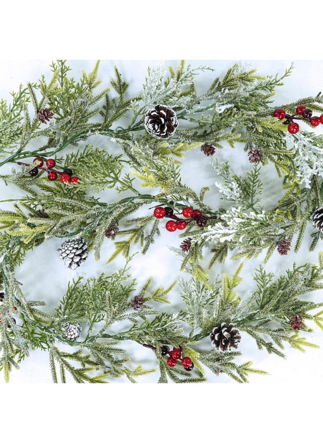 Winlyn - Winlyn 2 Pack 6' Snowy Artificial Pine and Cedar Christmas Garland Pine Cones Red Berries Winter Greenery Garland Christmas Wedding Winter Seasonal Holiday Table Runner Centerpiece Mantel Decoration - Image 1