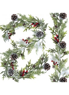 Winlyn 2 Pack 6' Snowy Artificial Pine and Cedar Christmas Garland Pine Cones Red Berries Winter Greenery Garland Christmas Wedding Winter Seasonal Holiday Table Runner Centerpiece Mantel Decoration