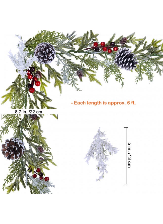 Winlyn - Winlyn 2 Pack 6' Snowy Artificial Pine and Cedar Christmas Garland Pine Cones Red Berries Winter Greenery Garland Christmas Wedding Winter Seasonal Holiday Table Runner Centerpiece Mantel Decoration - Image 1