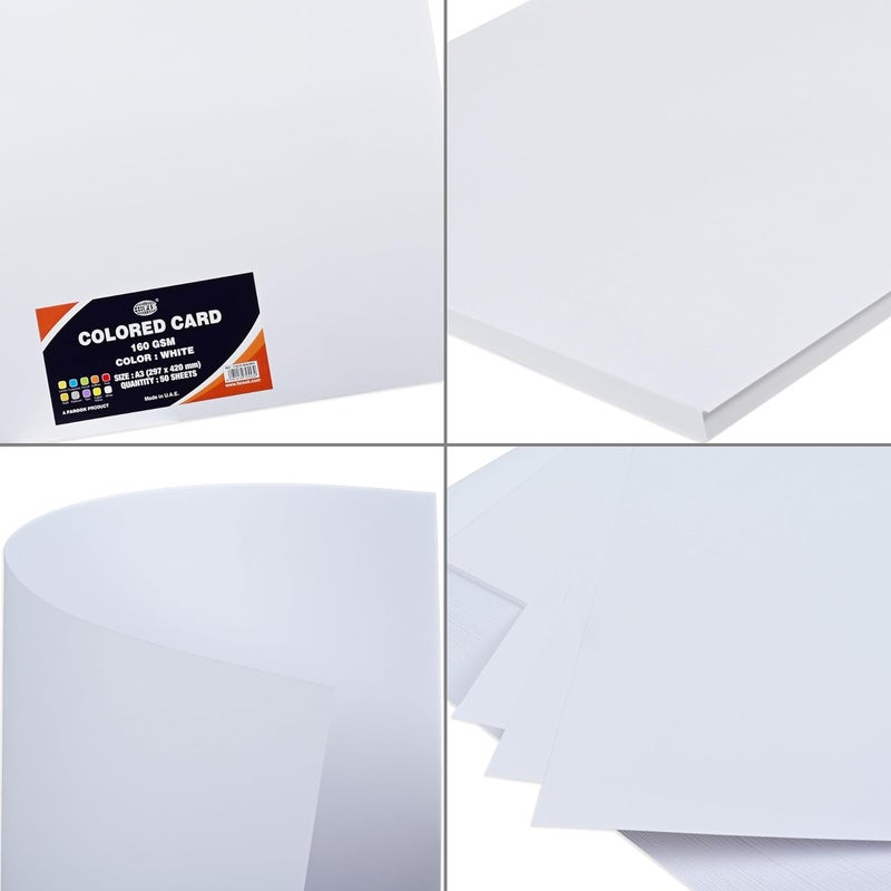 FIS Coloured Cards, 160 GSM, A3 Size (29.7x42.0cm), Pack of 50 Sheets, White Color - Image 3