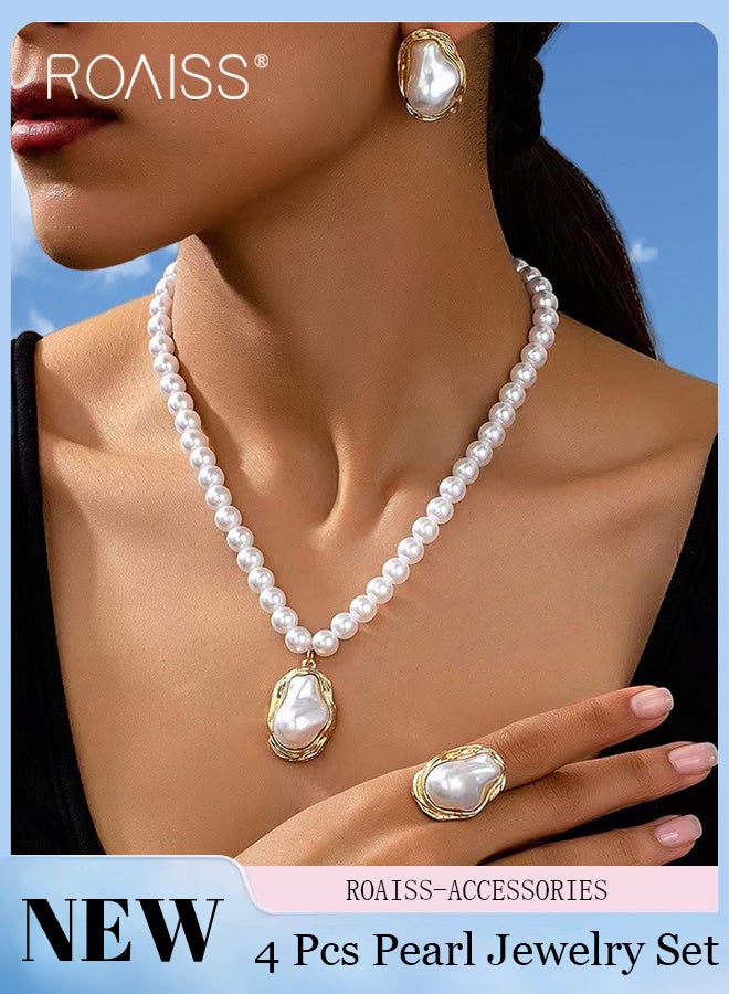 رويس طقم مجوهرات من اللؤلؤ مكون من 4 قطع للنساء، بتصميم غير متماثل مع حواف ذهبية، يتضمن قلادة وأقراط وخاتم من اللؤلؤ الباروكي الأبيض. مناسب للارتداء اليومي والحفلات وحفلات الزفاف. أقراط مثالية للعرائس وحفلات الزفاف. - Image 1