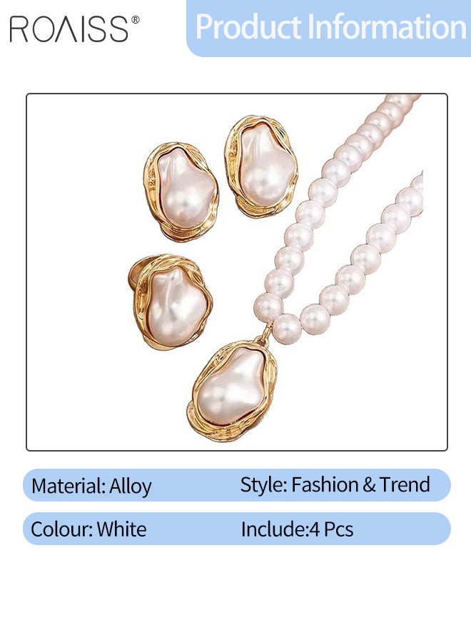 رويس طقم مجوهرات من اللؤلؤ مكون من 4 قطع للنساء، بتصميم غير متماثل مع حواف ذهبية، يتضمن قلادة وأقراط وخاتم من اللؤلؤ الباروكي الأبيض. مناسب للارتداء اليومي والحفلات وحفلات الزفاف. أقراط مثالية للعرائس وحفلات الزفاف. - Image 2