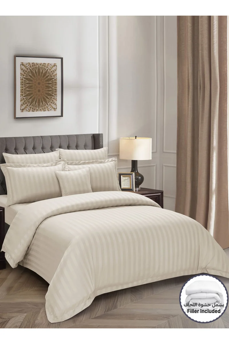 دوناتيلا Striped Comforter Set, King Size (260x240 cm), 8-Piece Hotel Bedding with 350 GSM Filling – Comforter, Comforter Cover, Fitted Sheet, Pillowcases &amp; Cushion Cover