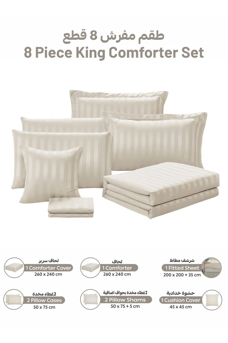Donetella Striped Comforter Set, King Size (260x240 cm), 8-Piece Hotel Bedding with 350 GSM Filling – Comforter, Comforter Cover, Fitted Sheet, Pillowcases &amp; Cushion Cover