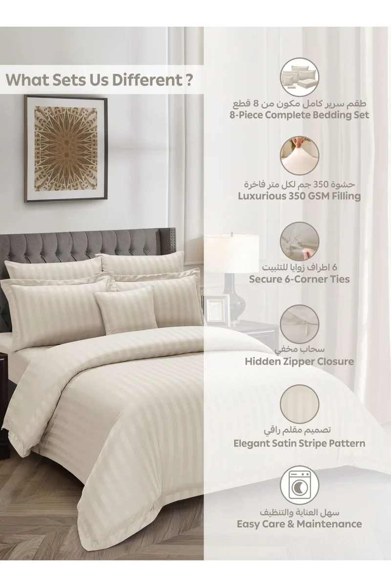 Donetella Striped Comforter Set, King Size (260x240 cm), 8-Piece Hotel Bedding with 350 GSM Filling – Comforter, Comforter Cover, Fitted Sheet, Pillowcases &amp; Cushion Cover