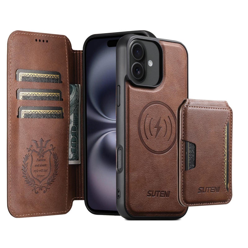 Suteni For Iphone 16 Plus Q05S3 3-In-1 Detachable Vertical Flip Wallet Magsafe Leather Phone Case(Brown) - Image 1