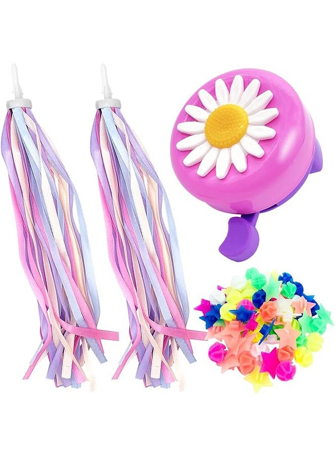 Generic 72 Pcs Bike Wheel Spokes Beads + 1 Kid Bike Bell + 2 Pack Kids Bike Streamers, Spoke Plastic Clip Round Decor Beads, Flower Bicycle Bell, Colorful Bike Handlebar Ribbons Tassel for Girls Boys Scooter  - Image 1