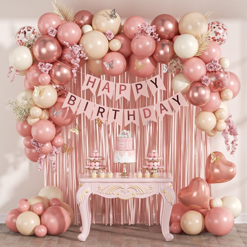 Leraqertra Pink Birthday Decorations for Women with Dusty Pink Nude White Metallic Rose Gold Confetti Foil Balloons Fringe Curtain Banner for Women Birthday Decorations - Image 2