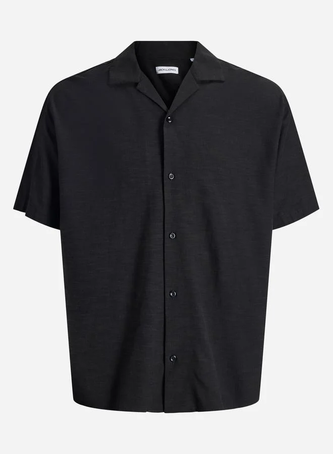 JACK & JONES Men Solid Slub Resort Collar Shirt