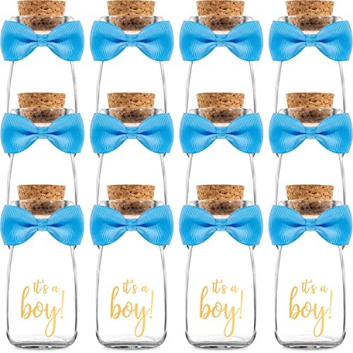 Ethisa Vintage 12 Pack It's a Boy Milk Glass Bottles with Ribbons and Stickers - Classy Baby Shower Favors for Guests and Table Centerpieces - Gender Reveal Boy Decorations - Baby Shower Candy Jar - Image 1