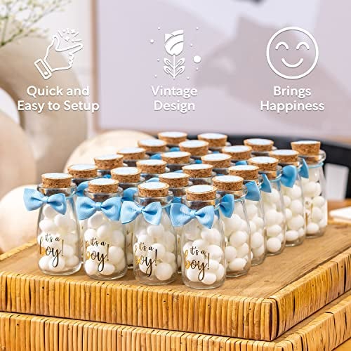 Ethisa Vintage 12 Pack It's a Boy Milk Glass Bottles with Ribbons and Stickers - Classy Baby Shower Favors for Guests and Table Centerpieces - Gender Reveal Boy Decorations - Baby Shower Candy Jar - Image 4