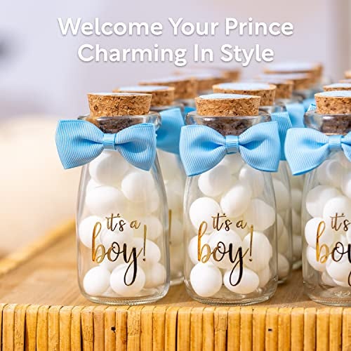 Ethisa Vintage 12 Pack It's a Boy Milk Glass Bottles with Ribbons and Stickers - Classy Baby Shower Favors for Guests and Table Centerpieces - Gender Reveal Boy Decorations - Baby Shower Candy Jar - Image 3
