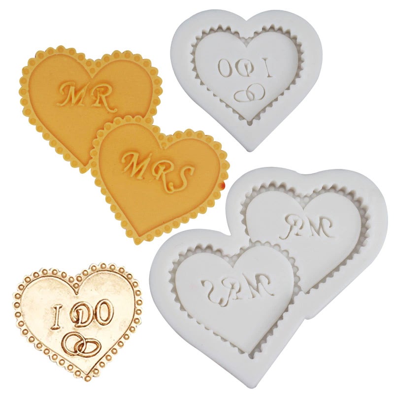 2Pcs Heart MR MRS I DO Silicone Fondant Mold Heart Shape Silicone Fondant Chocolate Candy Mold for Cake Decorating Sugar Craft Polymer Clay