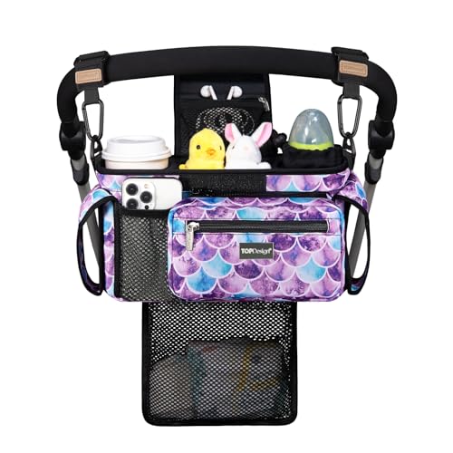 TOPDesign Universal Baby Stroller Organizer Stroller Caddy with Detachable Mesh Bag Heightened Insulated Cup Holders NonSlip Secure Hooks Accessories Fits Most Strollers Mermaid - Image 1