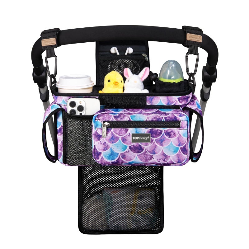 TOPDesign Universal Baby Stroller Organizer Stroller Caddy with Detachable Mesh Bag Heightened Insulated Cup Holders NonSlip Secure Hooks Accessories Fits Most Strollers Mermaid - Image 2