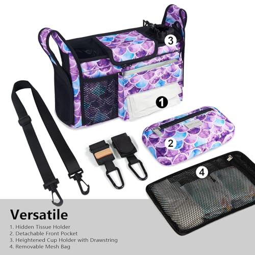 TOPDesign Universal Baby Stroller Organizer Stroller Caddy with Detachable Mesh Bag Heightened Insulated Cup Holders NonSlip Secure Hooks Accessories Fits Most Strollers Mermaid - Image 3