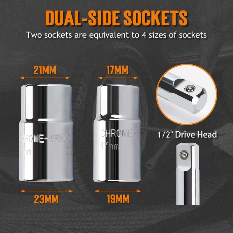 TONDA Extended Lug Wrench, 4 Way Tire Iron for Car, Lug Nut Removal Tool with Storage Case, 1/2 Drive with 17/19mm and 21/23mm Sockets - Image 4