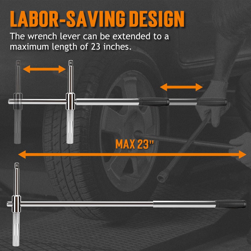TONDA Extended Lug Wrench, 4 Way Tire Iron for Car, Lug Nut Removal Tool with Storage Case, 1/2 Drive with 17/19mm and 21/23mm Sockets - Image 2