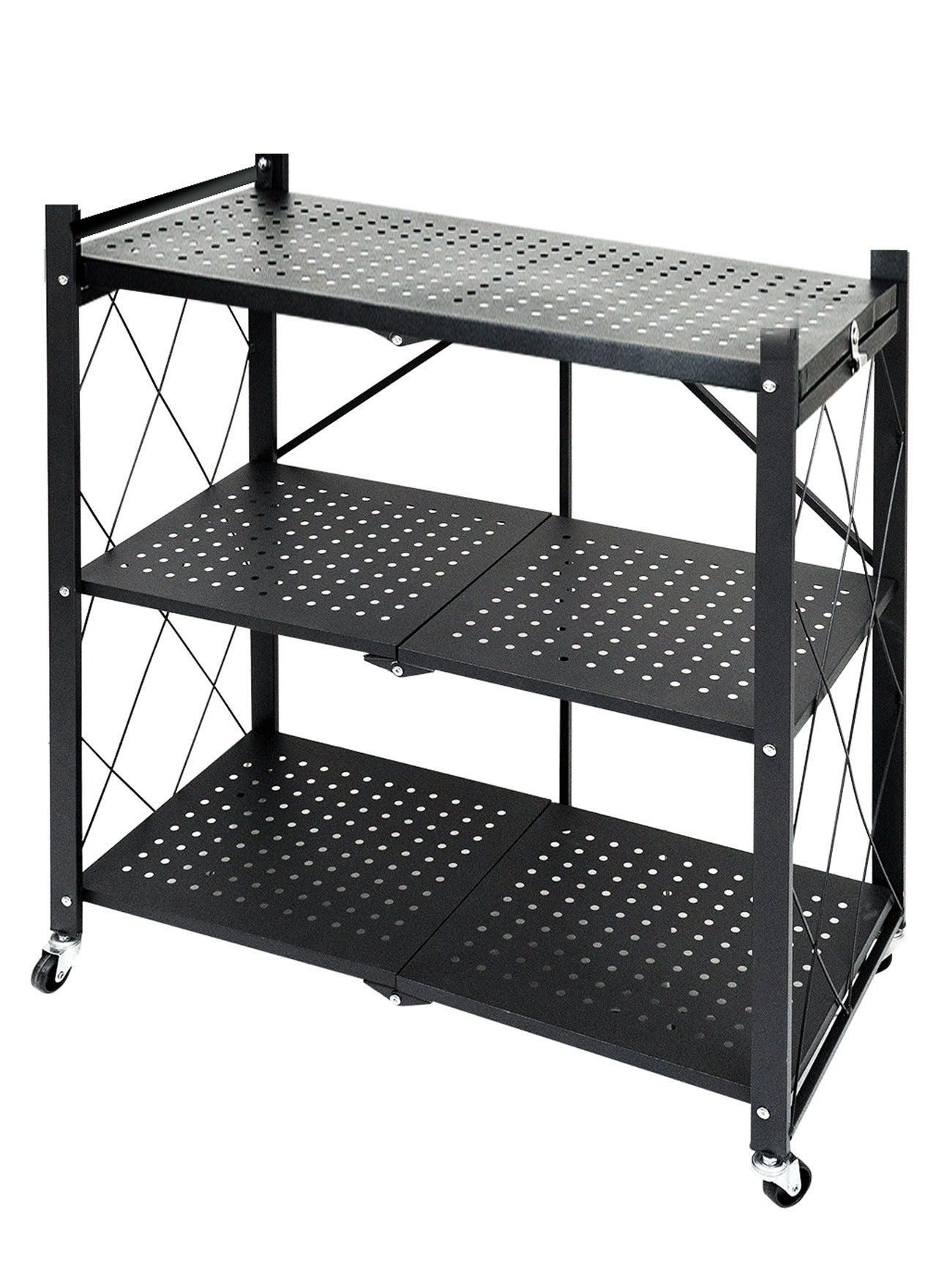 3-Tier Foldable Storage Kitchen Rack, Multi-Function Standing Kitchen Cabinet with Wheels, Folding Shelf and Organisers