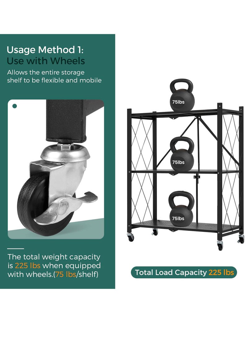 Meishida 3-Tier Foldable Storage Kitchen Rack, Multi-Function Standing Kitchen Cabinet  with Wheels, Folding Shelf and Organisers - Image 3