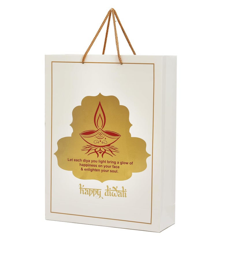 PPJ ® - HAPPY DIWALI (1 DIYA GOLDEN MESSAGE) - PAPER CARRY BAG (10 PCS), 16 Inch X 12 Inch X 4 Inch for DIWALI RETURN GIFTS/DIWALI PAPER BAGS (Pack of 10) - Image 1