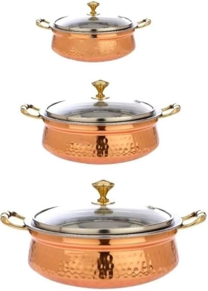 Heritage Mart Combo Hammered Steel Copper Casserole Handi Bowl with Glass Lid, Tableware and Serveware Serving Dishes Copper, Handi(300 ml +500 ml + 800 ml) Pack of 3  - Image 2