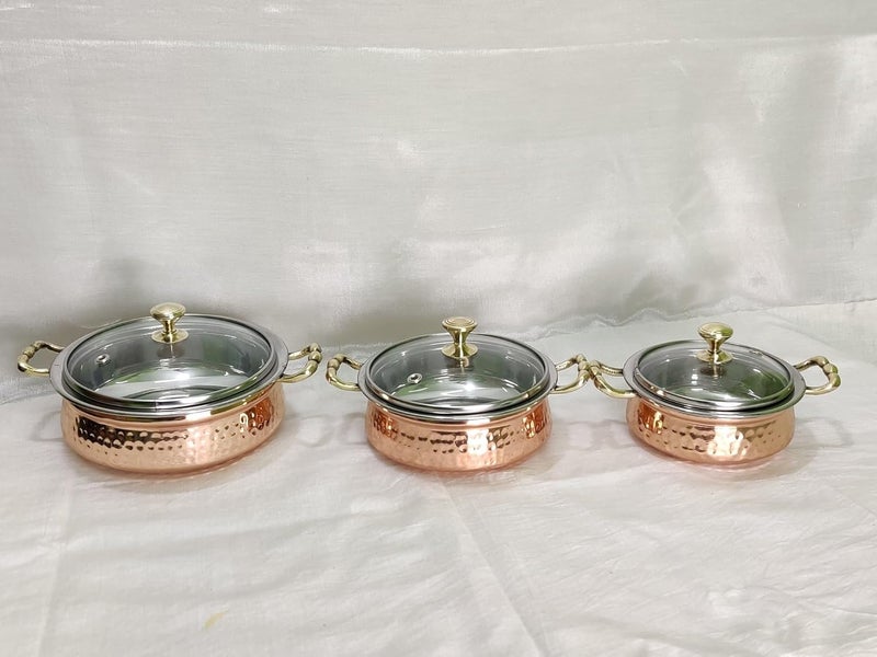 Heritage Mart Combo Hammered Steel Copper Casserole Handi Bowl with Glass Lid, Tableware and Serveware Serving Dishes Copper, Handi(300 ml +500 ml + 800 ml) Pack of 3  - Image 1