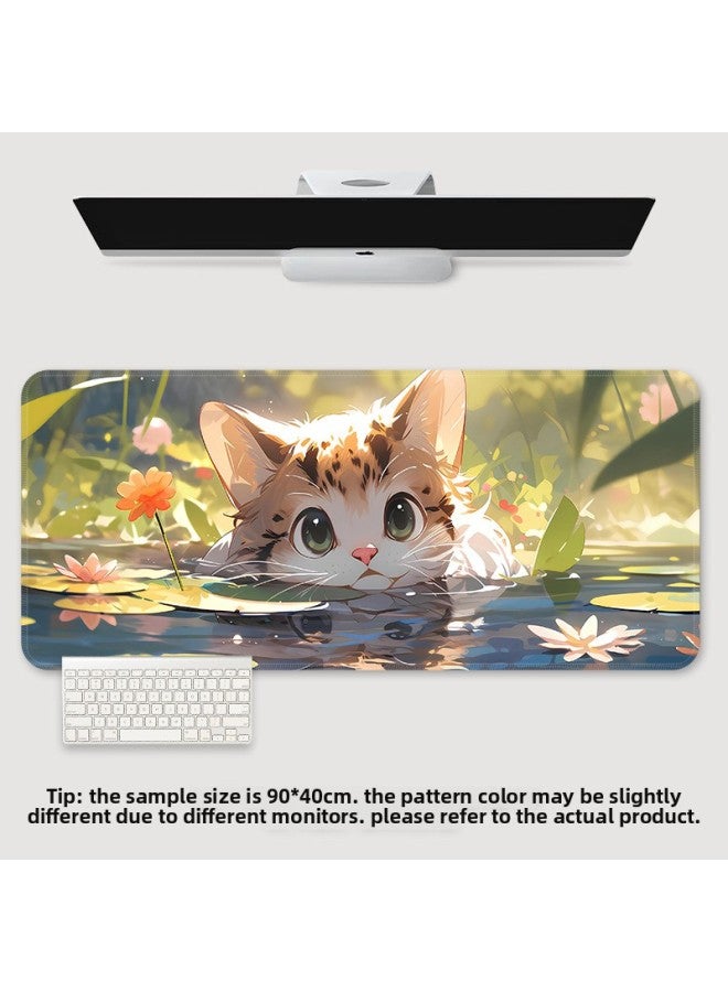 Mouse Pad Oversized Office Cat Girl Cute Cartoon Creative Worker Computer Keyboard Learning Desk Mat-Color:900*400*2-Pattern:TU-498 [cat Water Lily]]  - Image 1