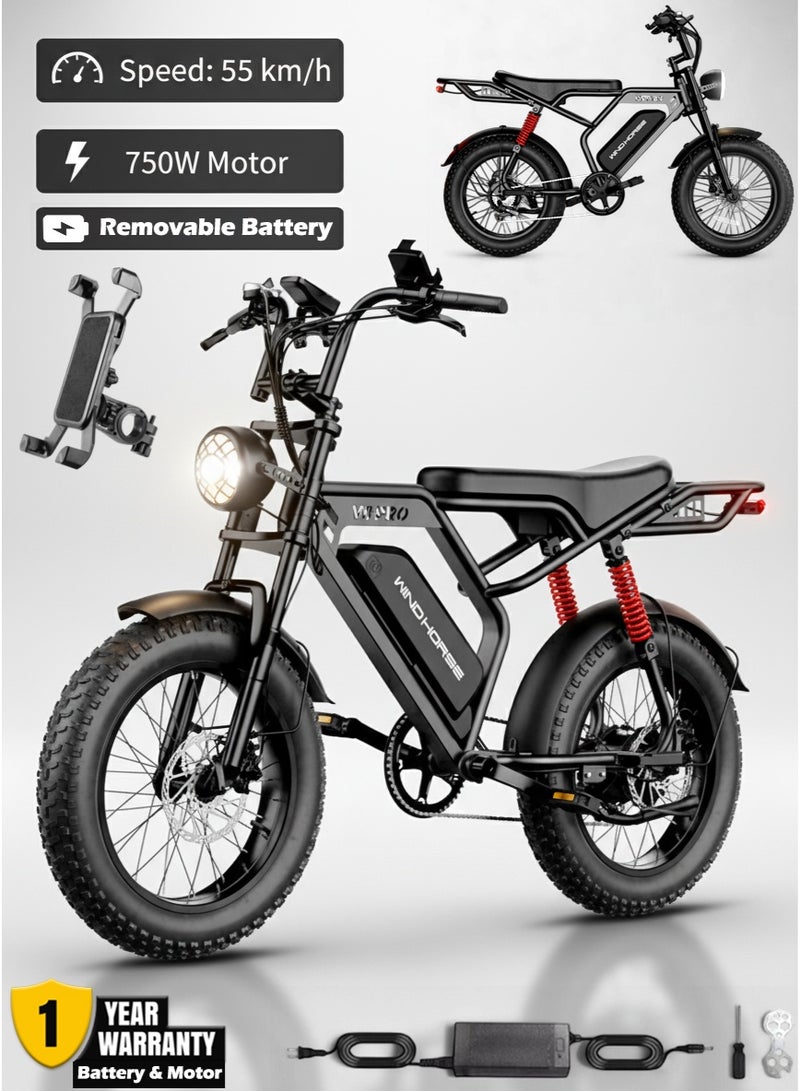Wind Horse V8 PRO Electric Bike – 750W Gear Hub Motor, 48V 16.6AH Battery, 50KM/H Speed, 45KM Range, 20-Inch Fat Tires, Dual Suspension, Shimano 7-Speed, Carbon Alloy Frame, Dual Disc Brakes - Image 1
