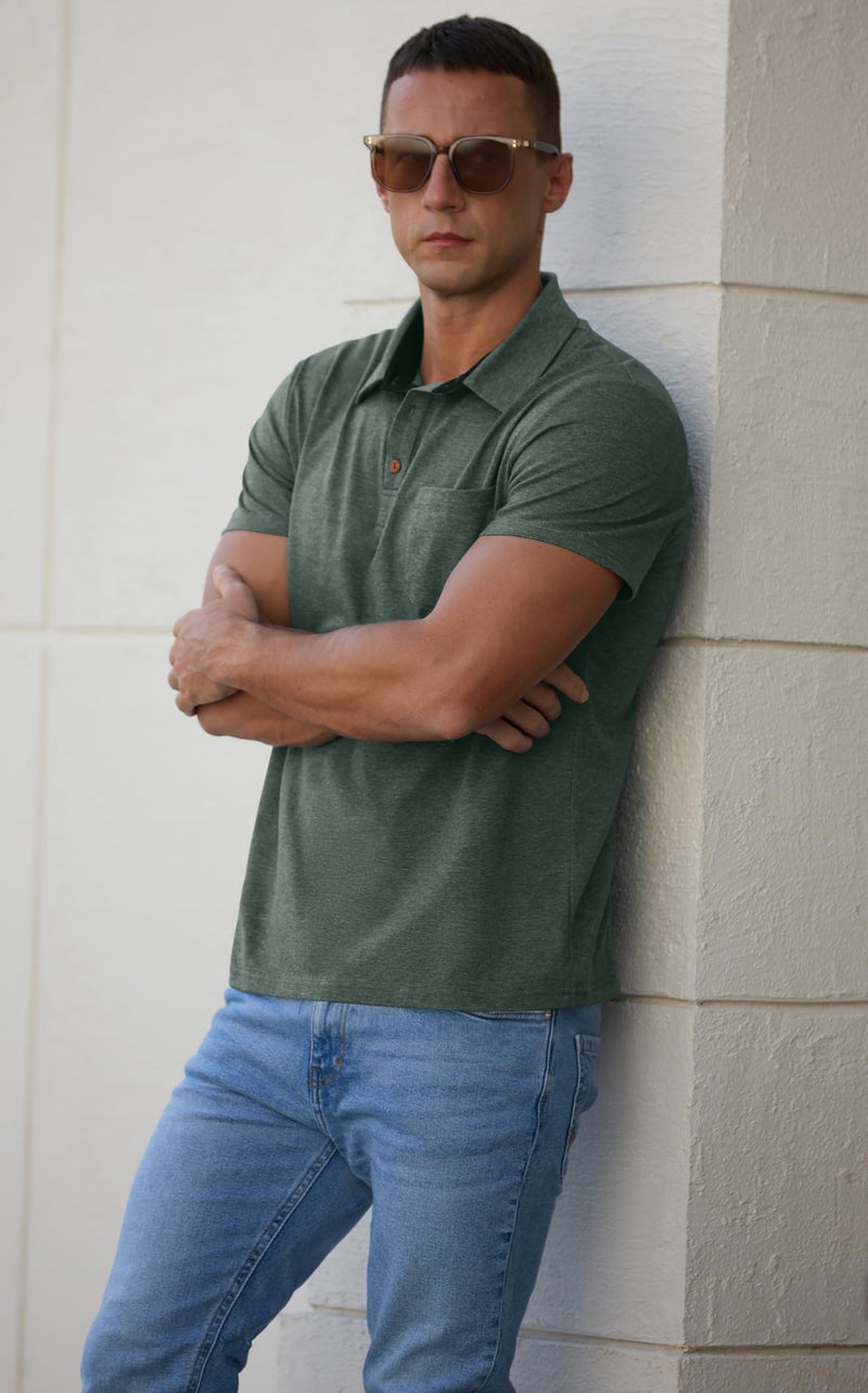 Sailwind Men's Cotton Polo Shirts Short Sleeve Casual Summer Shirts Classic Collared Golf Shirt with Pocket Green - Image 3