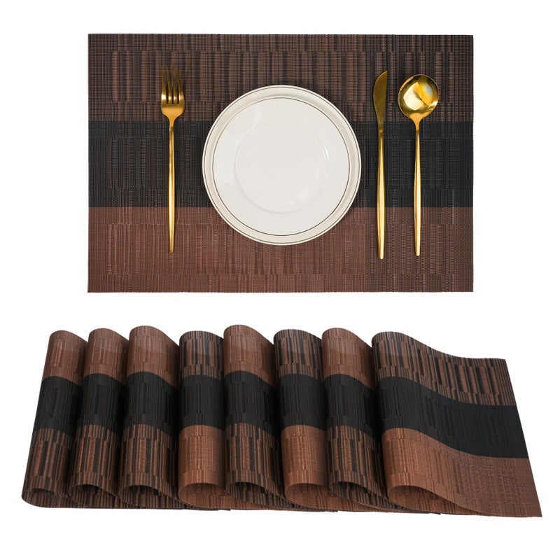 flohar Placemats Set of 8ï¼ŒNon-Slip PVC Weave Table Mats Easy to Cleanï¼ŒHeat Resistant Place Mats for Kitchen Dining Table Decoration Indoor Outdoorï¼ŒBlack Brown - Image 1
