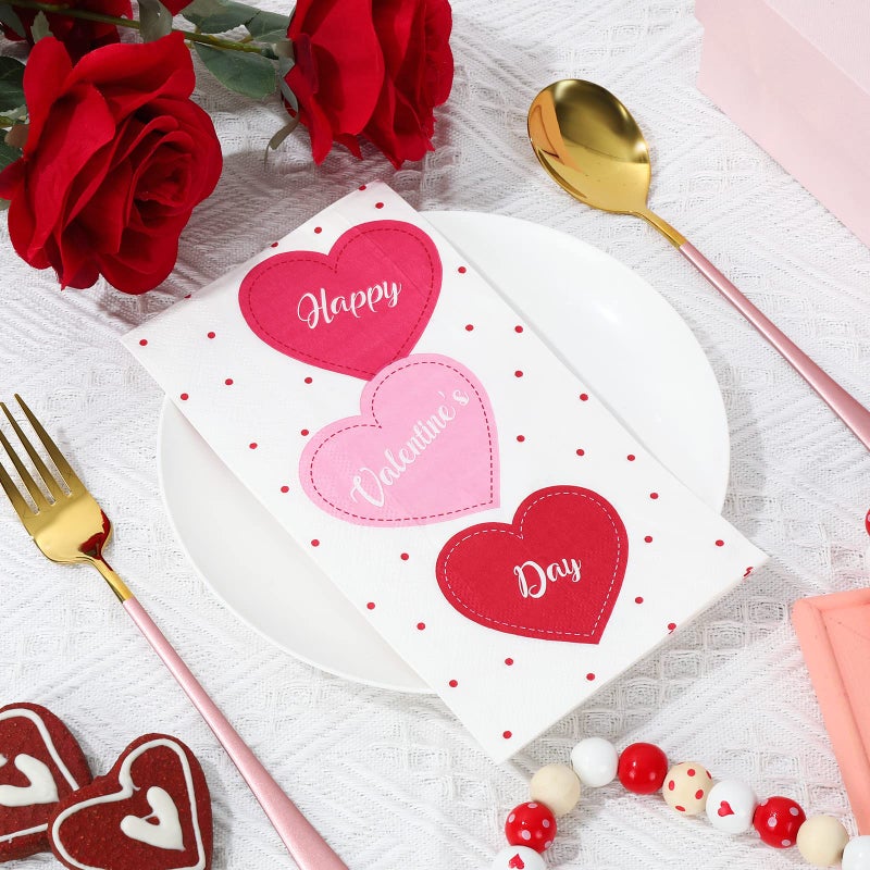 Whaline Valentine's Day Guest Napkins 3 Ply Heart Disposable Paper Napkins Sweet Heart Dinner Hand Napkin Towel for Home Kitchen Bathroom Powder Room Wedding Holiday Party Supplies  80Pcs - Image 3
