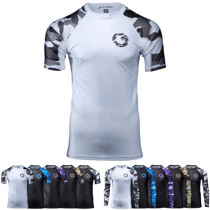 Gold BJJ Jiu Jitsu Rashguard Camo Short Sleeve Rash Guard Compression Shirt for NoGi Gi MMA White Camo S