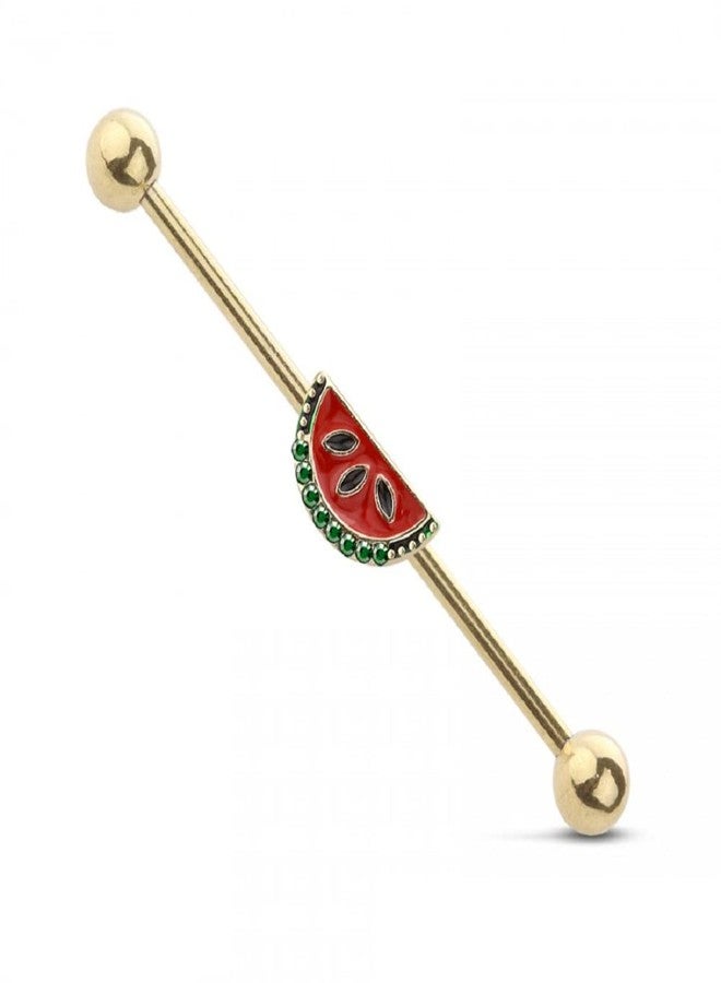 Pierced Owl 14GA 316L Stainless Steel CZ Crystal Paved Watermelon Industrial Barbell (Gold Tone) - Image 1