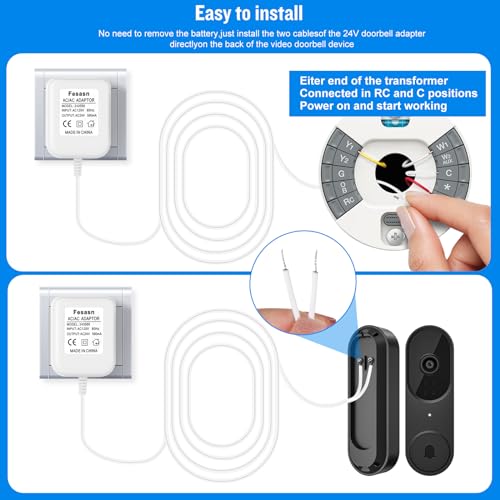 Fesasn 24V AC Power Supply, C Wire Adapter for Smart Thermostat, Fits for Nest Hello August Ring Door Bell and Ecobee Nest Honeywell Smart WiFi Thermostat (with 26.2 Foot White Door Bell Wire) - Image 5