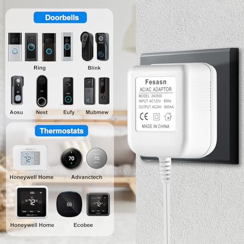 Fesasn 24V AC Power Supply, C Wire Adapter for Smart Thermostat, Fits for Nest Hello August Ring Door Bell and Ecobee Nest Honeywell Smart WiFi Thermostat (with 26.2 Foot White Door Bell Wire) - Image 2