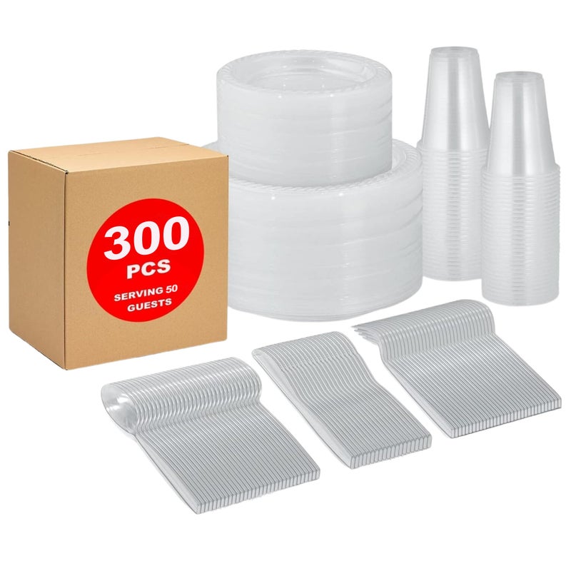 Framo 300 Piece Disposable Clear Tableware Set for 50 Guests  Microwavable Plastic Dinnerware Set of 50 9 Plates 50 6 Dessert Plates 50 9oz Cups 50 Spoons 50 Forks 50 Knives