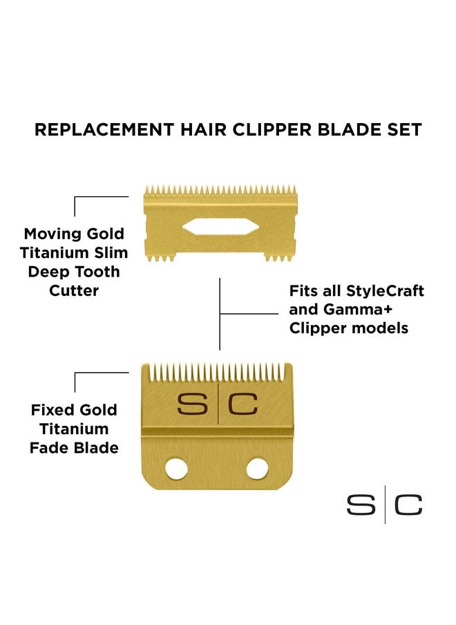 Stylecraft Stylecraft Replacement Fixed Gold Titanium Fade Hair Clipper Blade with Moving Gold Titanium Slim Deep Tooth Cutter Set  - Image 3