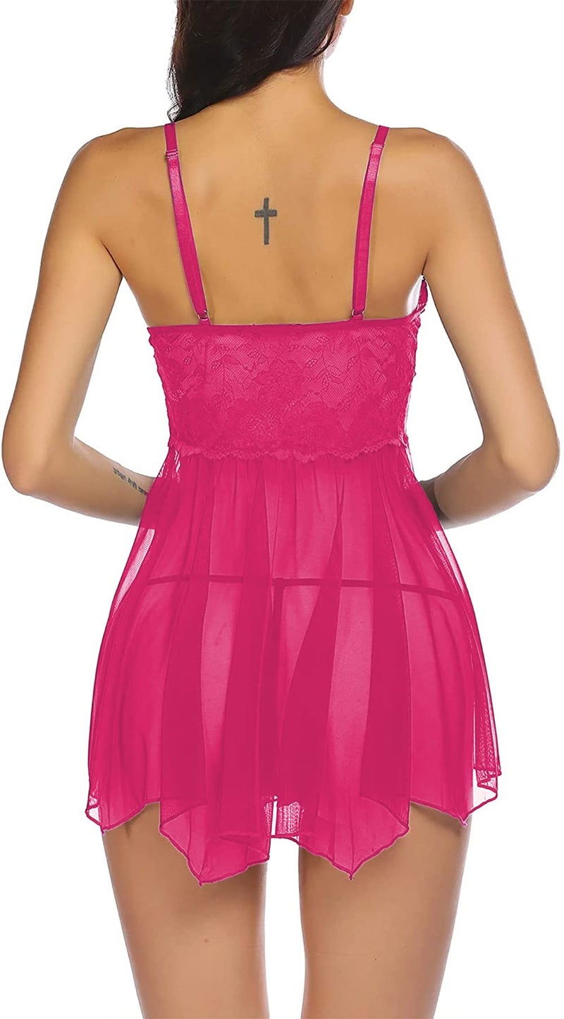 Xs and Os Women Lace Babydoll Nightwear Pleated Style Lingerie with Panty (Small, Rose) - Image 3
