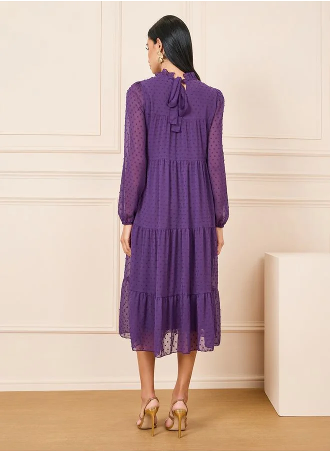 Styli Dobby High Neck Long Sleeves Tiered Midi Dress