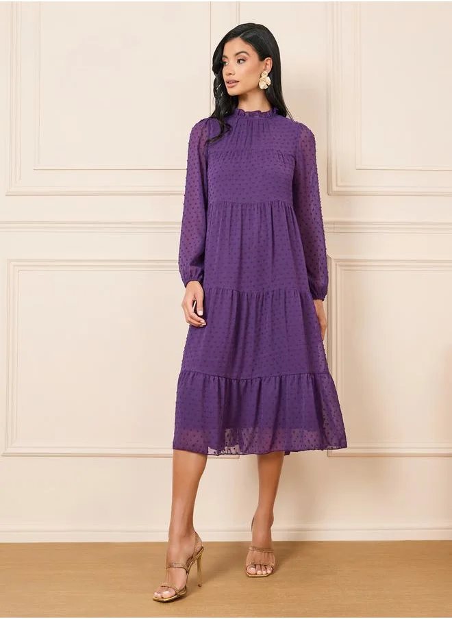 Styli Dobby High Neck Long Sleeves Tiered Midi Dress