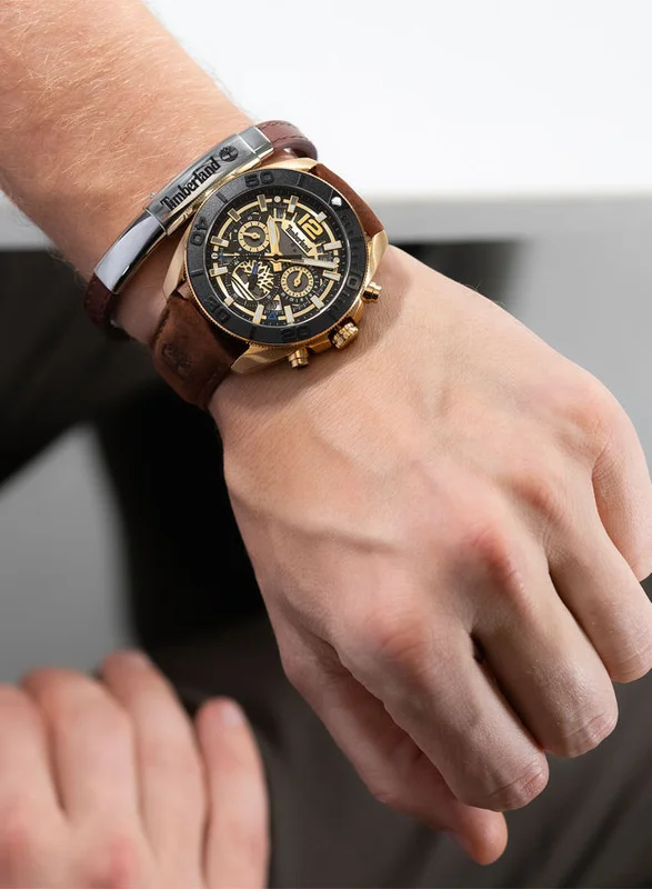Timberland Timberland Marshfield Multifunction - Mens Watch - Gold Case, Gilt & Black Dial, Dark Brown Leather Strap