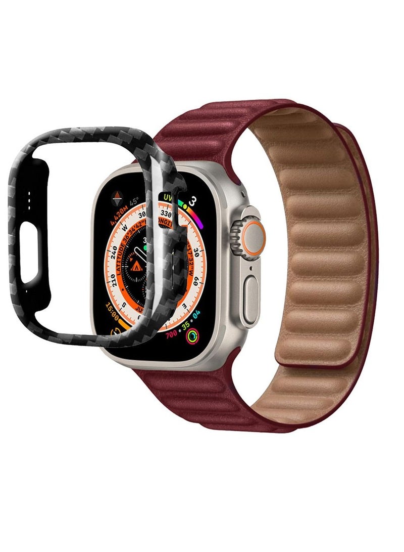 Leather Link Strap Magnetic Apple Watch Band 49mm Loop Bracelet and Carbon Fiber Case Holder Dark Red