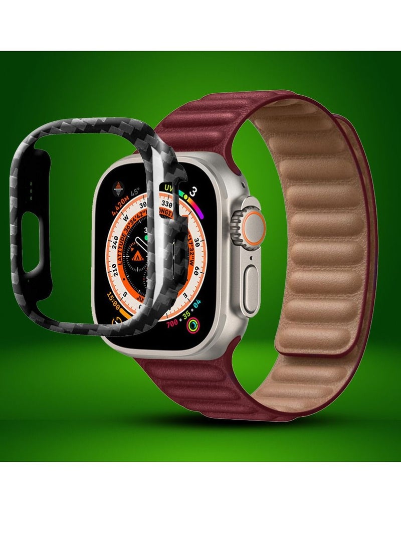 Leather Link Strap Magnetic Apple Watch Band 49mm Loop Bracelet and Carbon Fiber Case Holder Dark Red