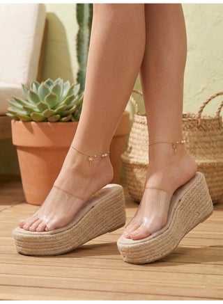 Slipper Wedge Burlap With Transparent Elegant S-27 - Burlap