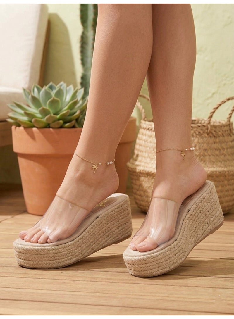 لايف ستيلاش  شبشب ويدج خيش وشفاف انيق  S-27 - بيج - Image 1