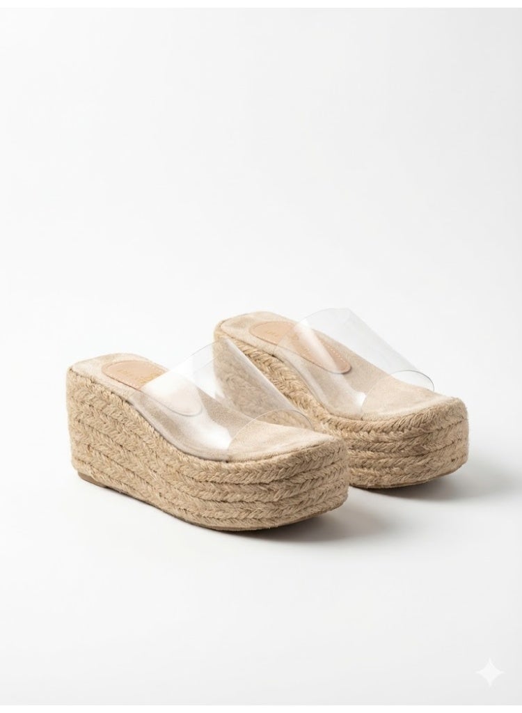 لايف ستيلاش  شبشب ويدج خيش وشفاف انيق  S-27 - بيج - Image 2