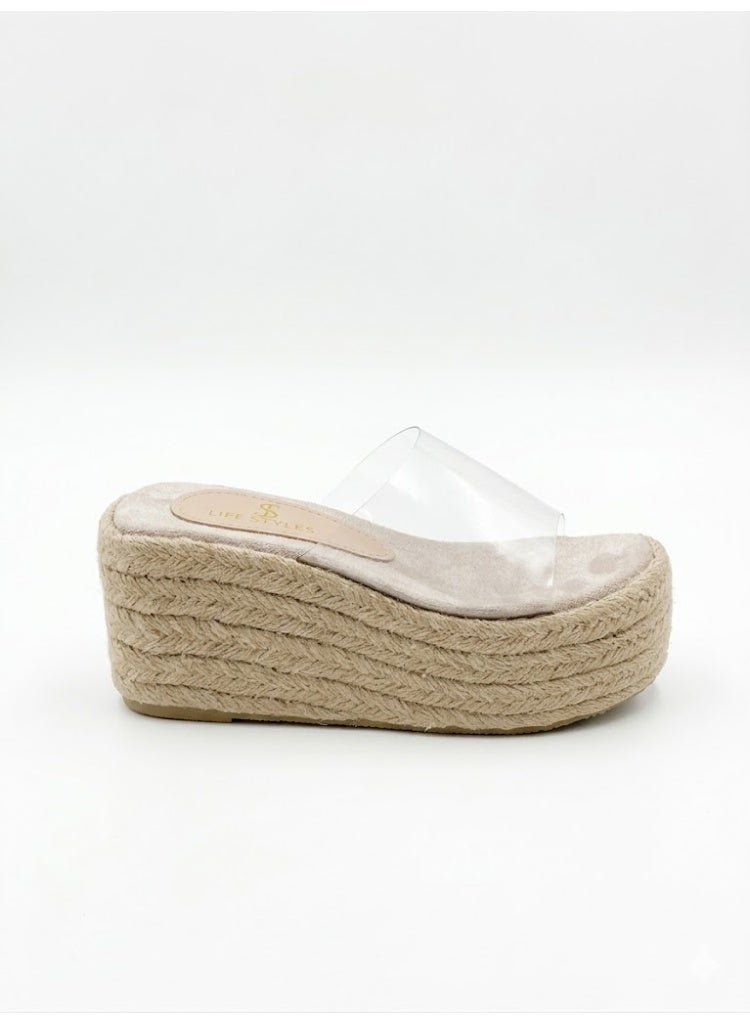 لايف ستيلاش  شبشب ويدج خيش وشفاف انيق  S-27 - بيج - Image 3