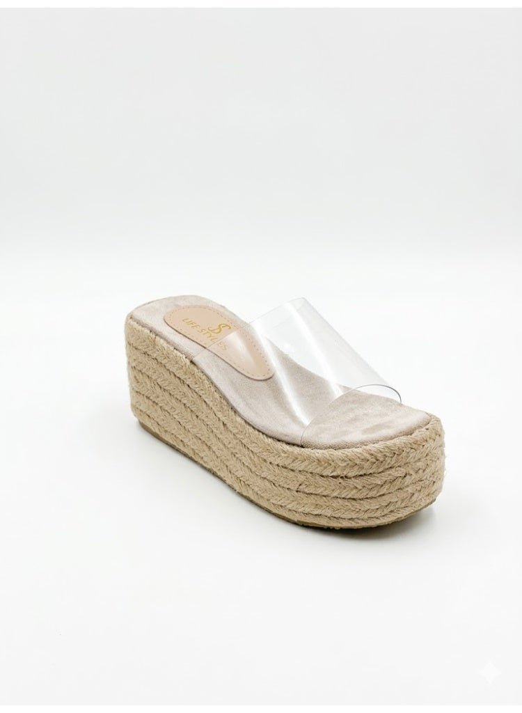 لايف ستيلاش  شبشب ويدج خيش وشفاف انيق  S-27 - بيج - Image 4